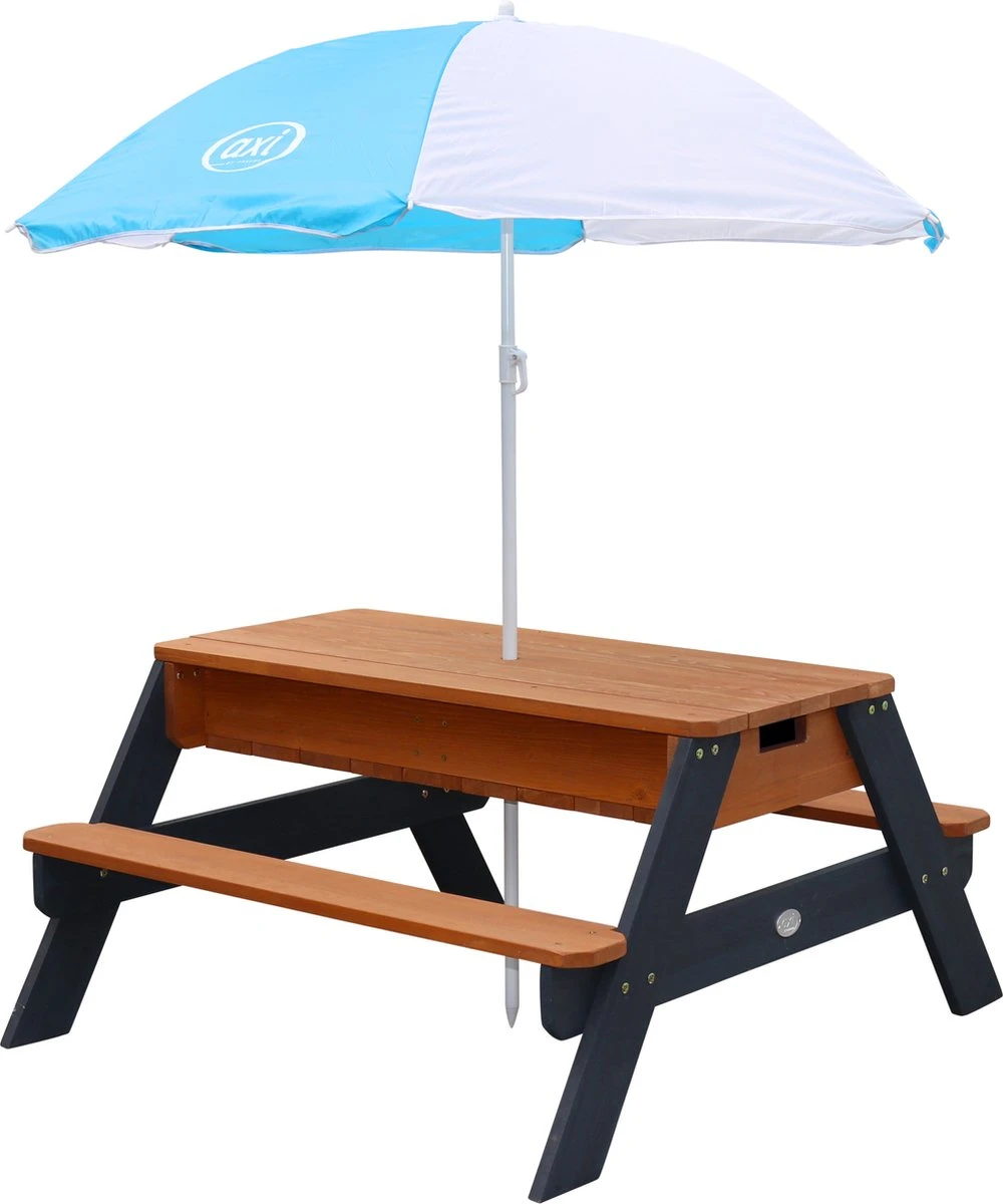 AXI Nick Zand & Water Picknicktafel In Antraciet/Bruin - Parasol Blauw/Wit - Picknick Tafel Voor Kinderen Van Hout - Afbeelding 13