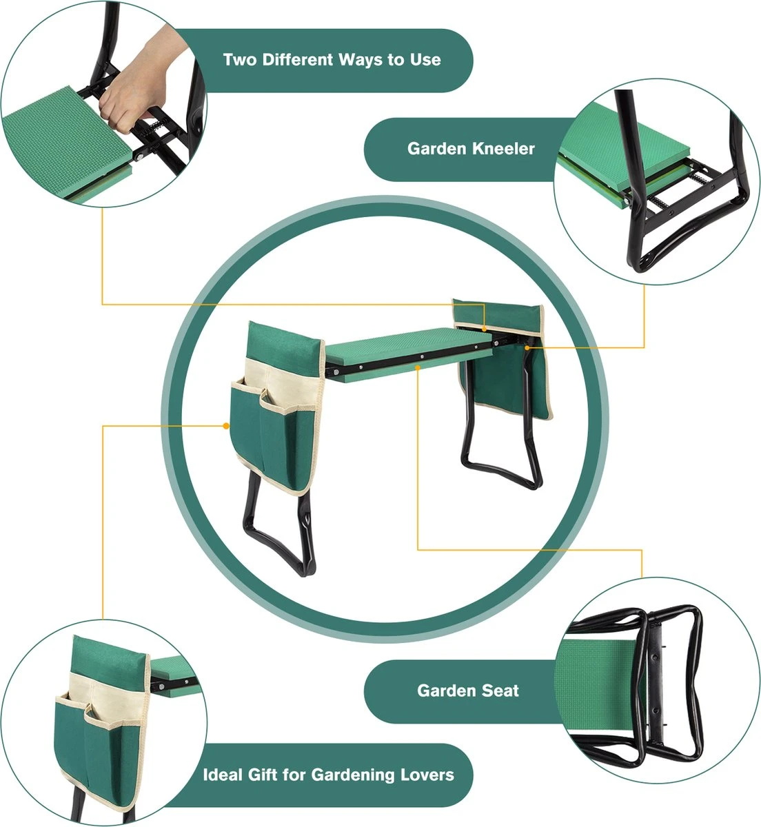 Uten - Kniebankje Tuin - Knie Steun - Tuinkruk Inklapbaar - Kniesteun Tuinieren - Kniekussen - Tot 150 Kg - Groen - Afbeelding 3
