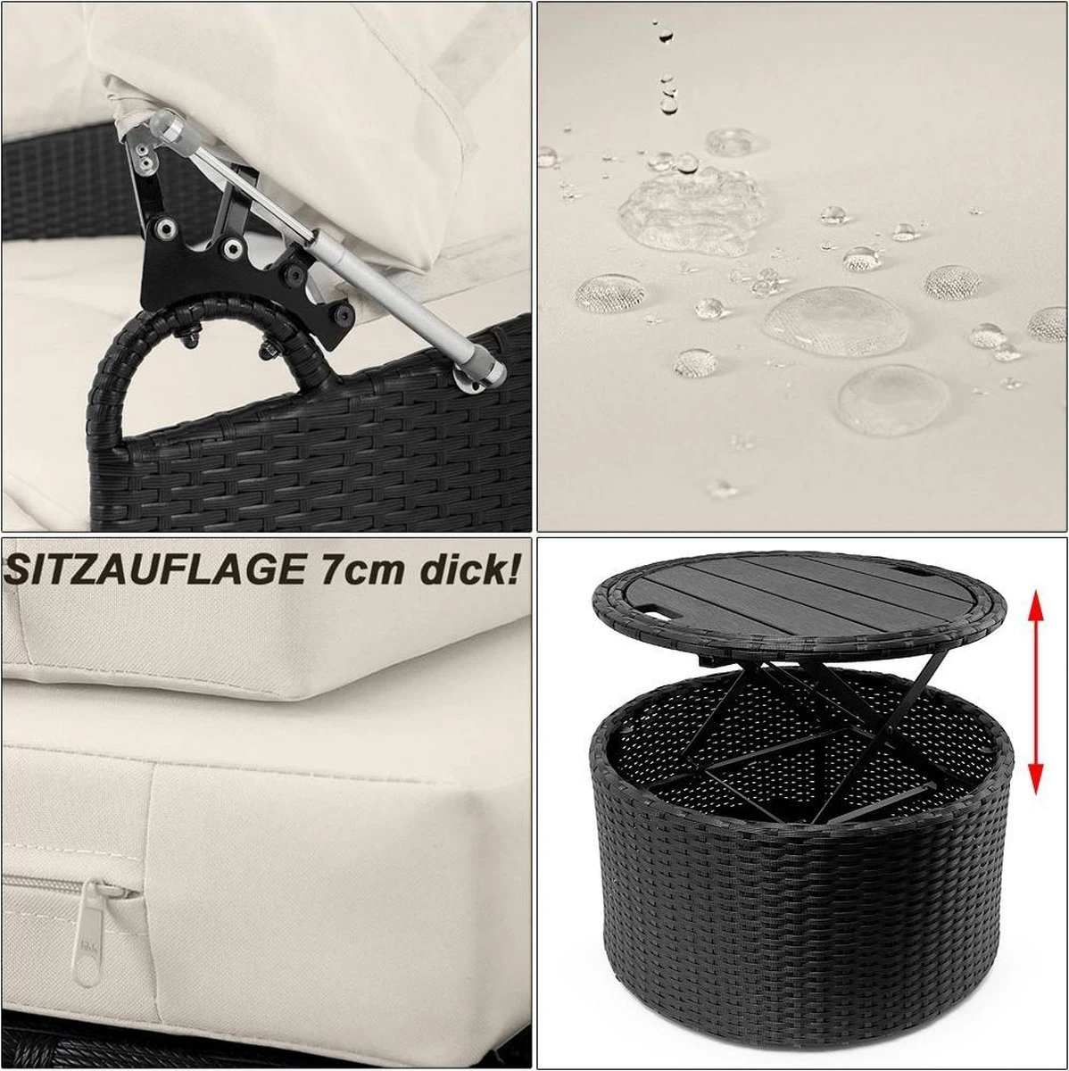 Casaria Polyrattan Zonne-Eiland Ø185cm – Incl. Kussens - Zwart Crème - Afbeelding 17