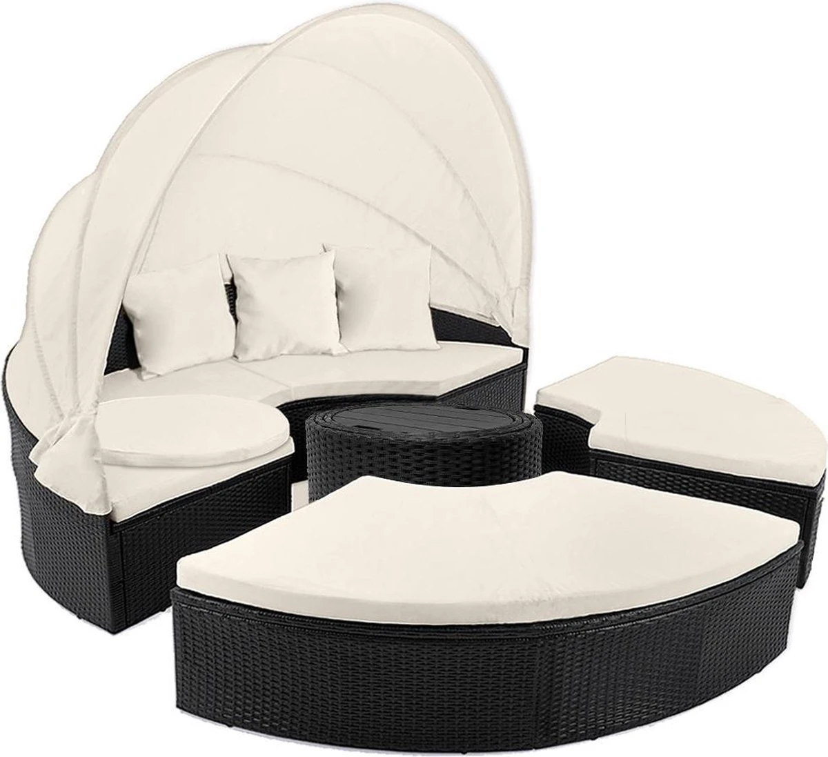 Casaria Polyrattan Zonne-Eiland Ø185cm – Incl. Kussens - Zwart Crème