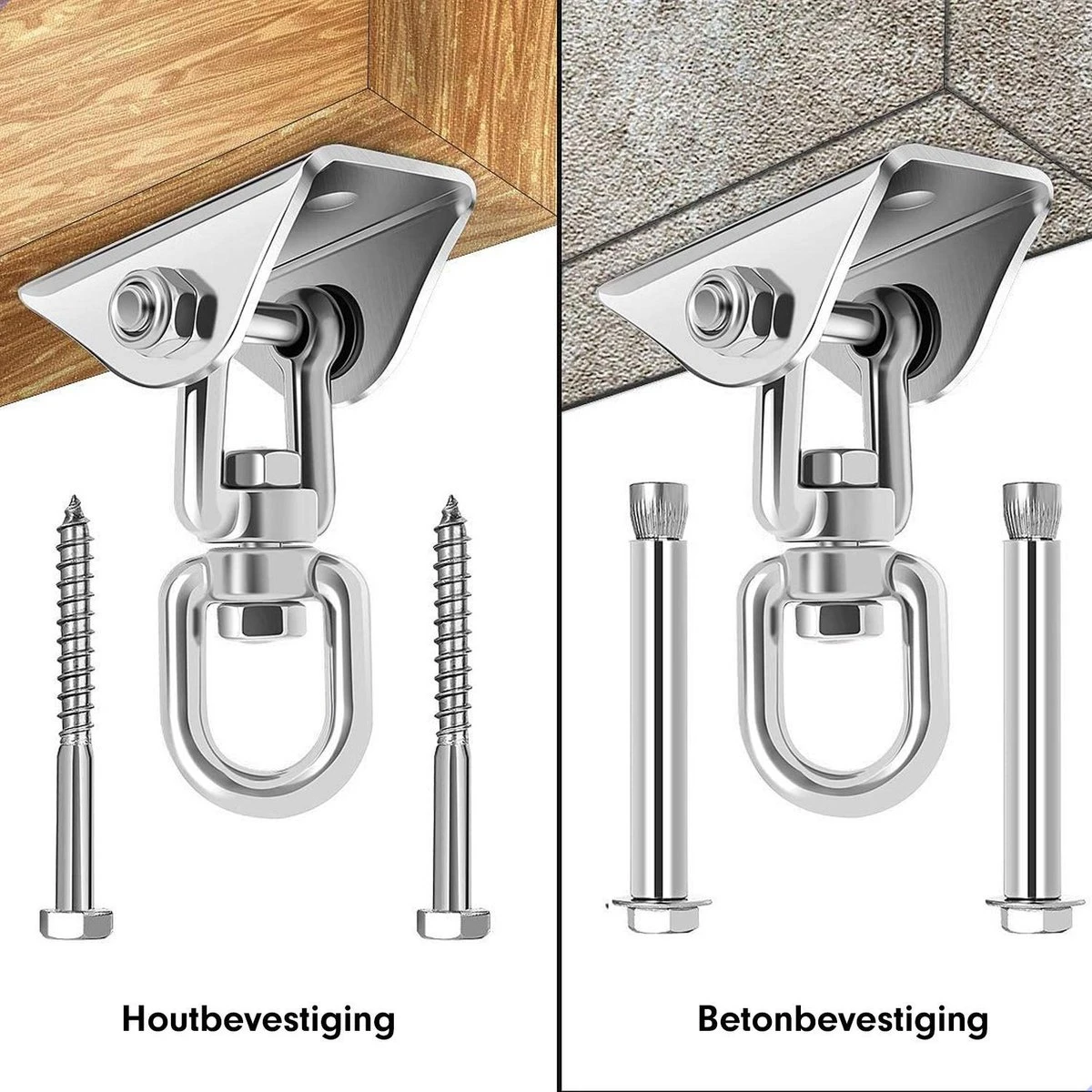 Luxe Ophangsysteem - 180° Schommelen, 360° Roteerbaar - Plafondhaak - Ophanghaak - Hangstoel Buiten - Hangstoel Binnen – Schommelstoel - Schommel - Bokszakken - RVS - Nederlandse Handleiding - - Afbeelding 5