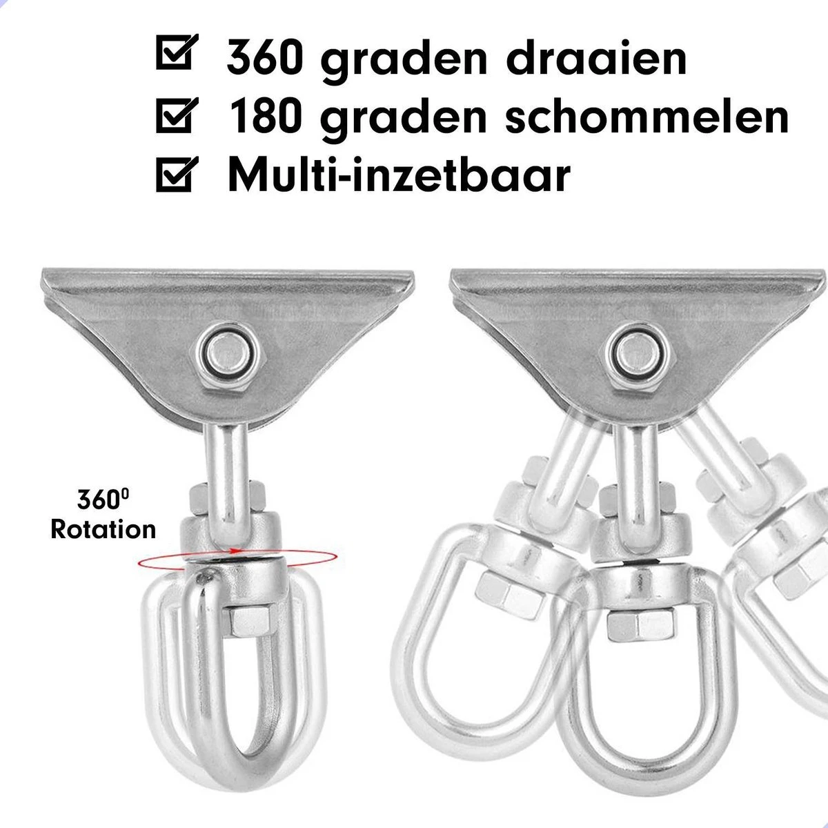 Luxe Ophangsysteem - 180° Schommelen, 360° Roteerbaar - Plafondhaak - Ophanghaak - Hangstoel Buiten - Hangstoel Binnen – Schommelstoel - Schommel - Bokszakken - RVS - Nederlandse Handleiding - - Afbeelding 6