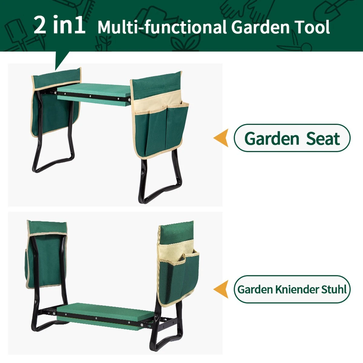Uten - Kniebankje Tuin - Knie Steun - Tuinkruk Inklapbaar - Kniesteun Tuinieren - Kniekussen - Tot 150 Kg - Groen - Afbeelding 7