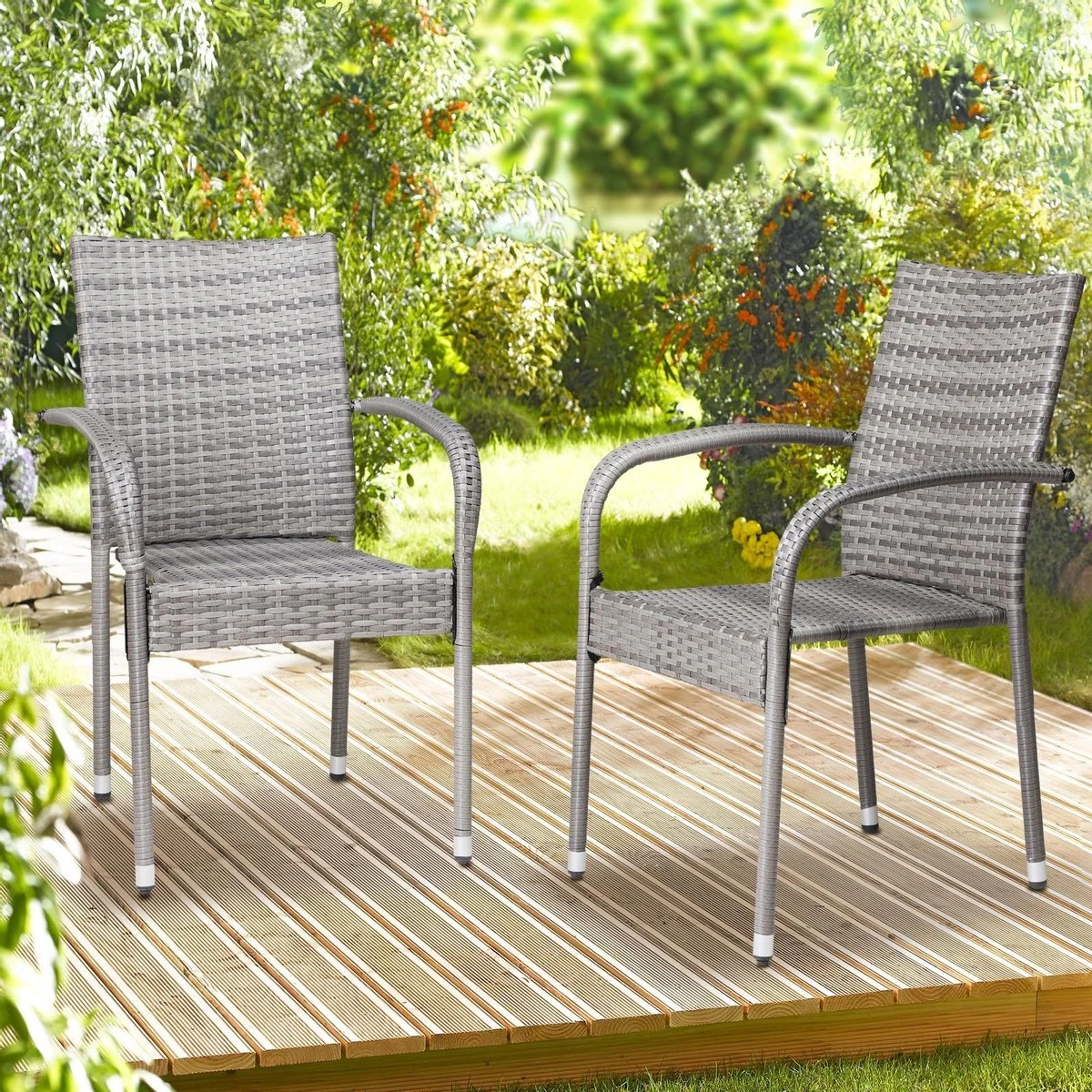 Casaria Polyrattan Tuinstoelen – 4 Stuks Stapelbaar – Grijs - Afbeelding 4