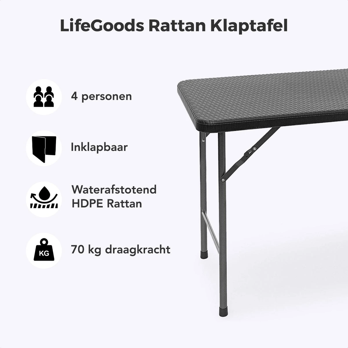 LifeGoods Klaptafel - Inklapbaar - 120 Cm - 4 Personen - Zwart - Afbeelding 2