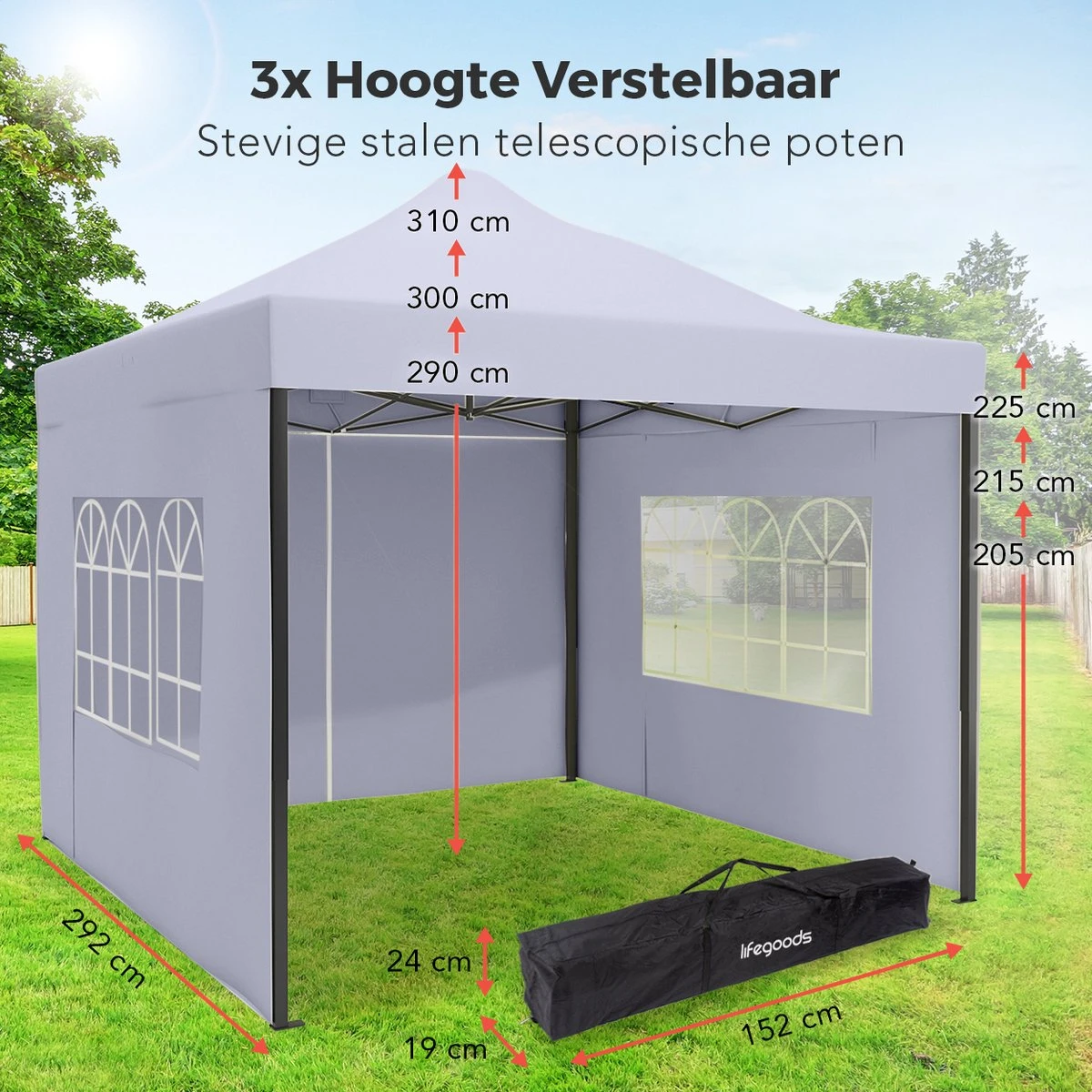 LifeGoods Partytent - 3x3 M - Zijwanden - Easy Up - Opvouwbaar - Waterdicht - Draagtas Met Wieltjes - Donkergrijs - Afbeelding 12