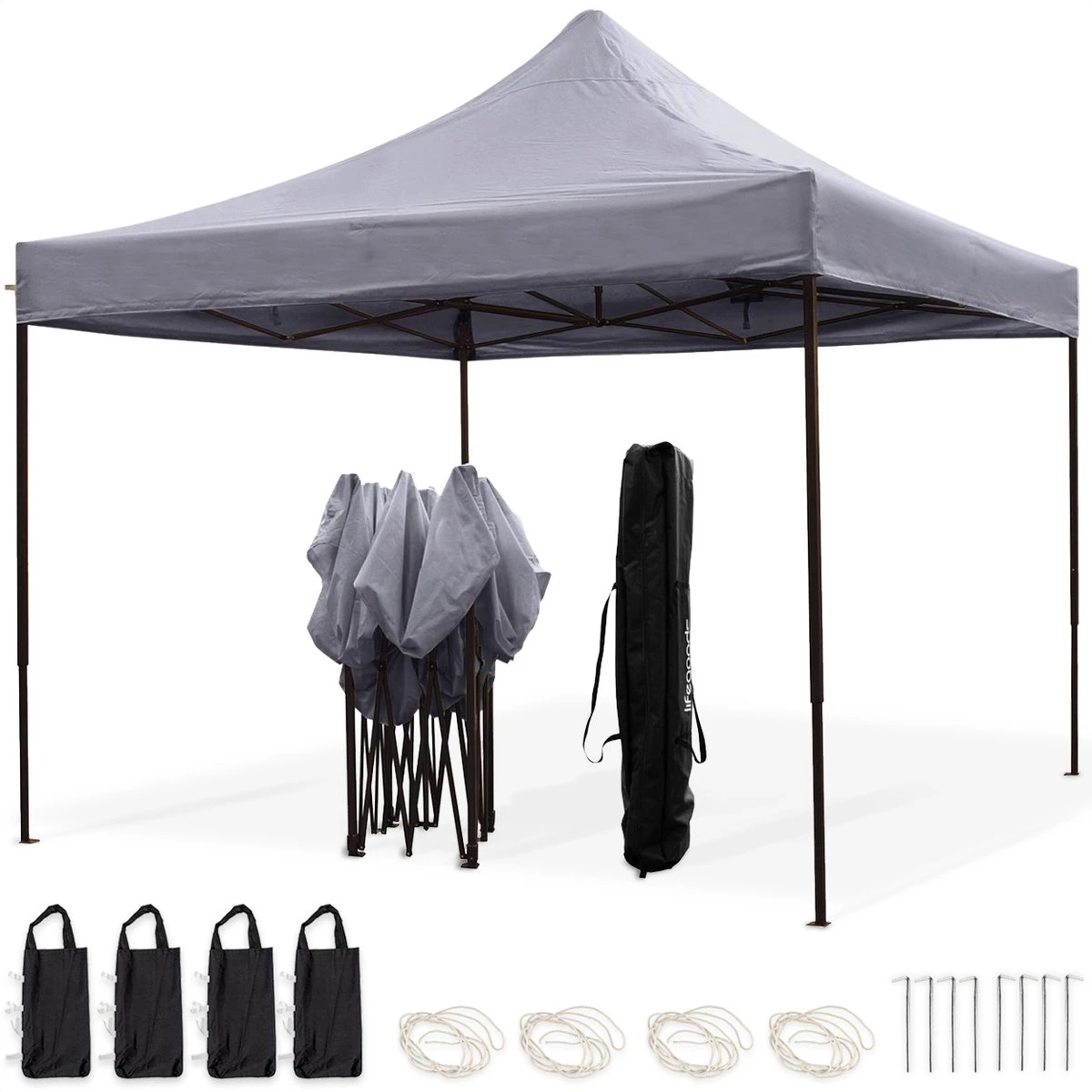 LifeGoods Partytent - 3x3 M - Easy Up - Opvouwbaar - Waterdicht - Draagtas Met Wieltjes - Donkergrijs