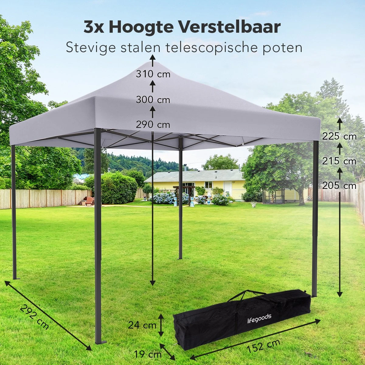 LifeGoods Partytent - 3x3 M - Easy Up - Opvouwbaar - Waterdicht - Draagtas Met Wieltjes - Donkergrijs - Afbeelding 5