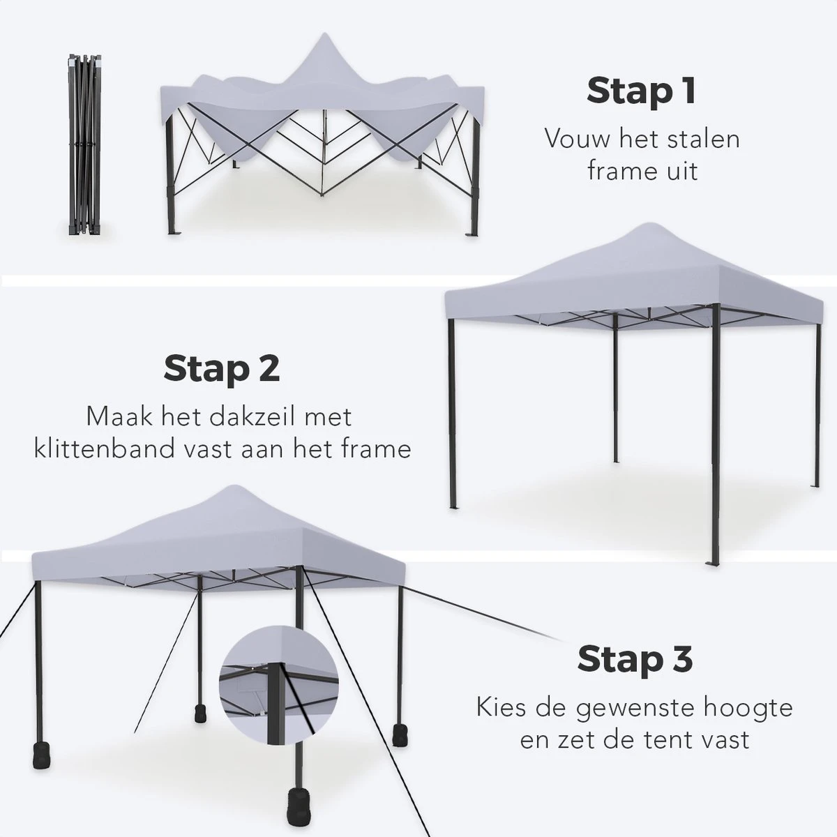 LifeGoods Partytent - 3x3 M - Easy Up - Opvouwbaar - Waterdicht - Draagtas Met Wieltjes - Donkergrijs - Afbeelding 8