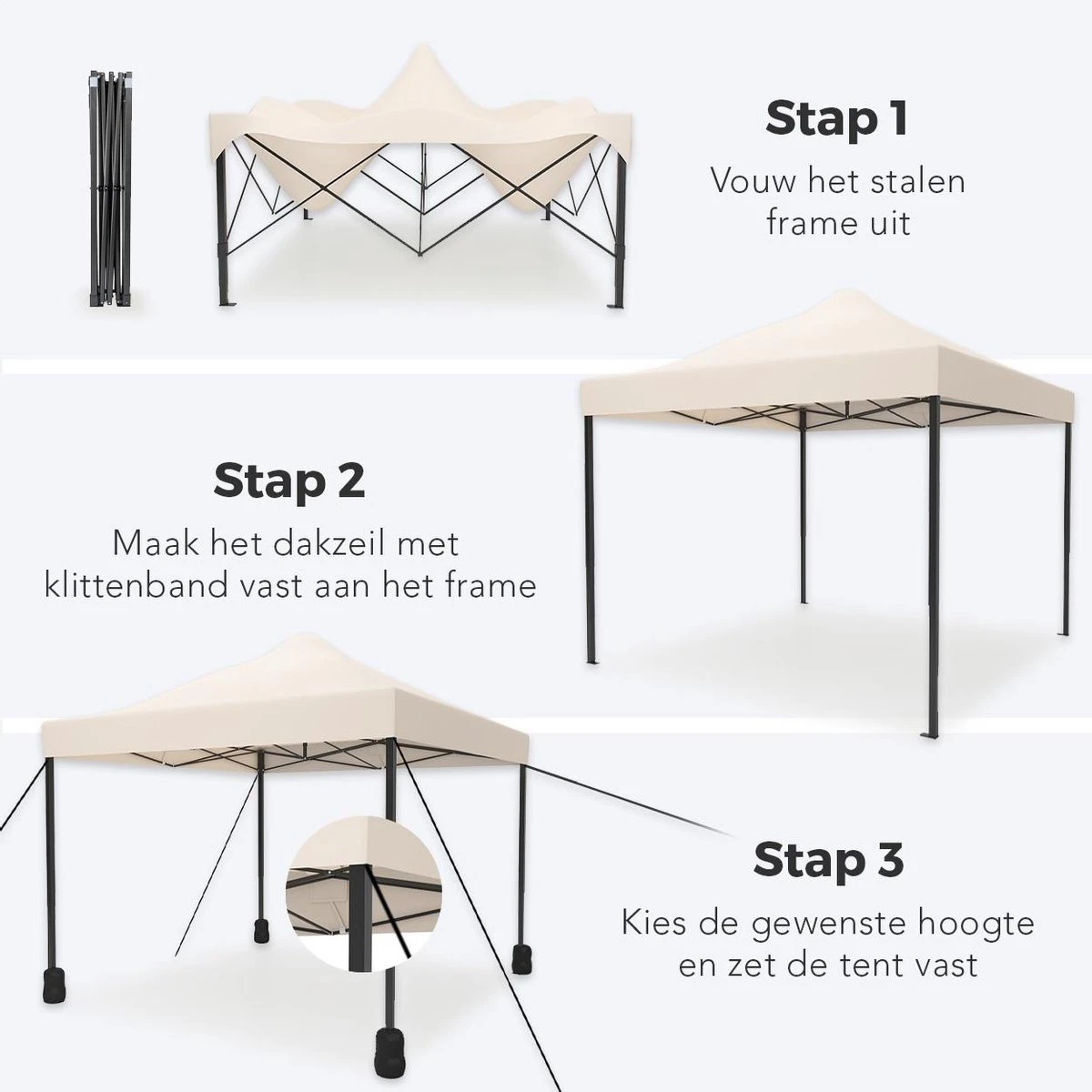 LifeGoods Partytent - 3x3 M - Easy Up - Opvouwbaar - Waterdicht - Draagtas Met Wieltjes - Beige - Afbeelding 5