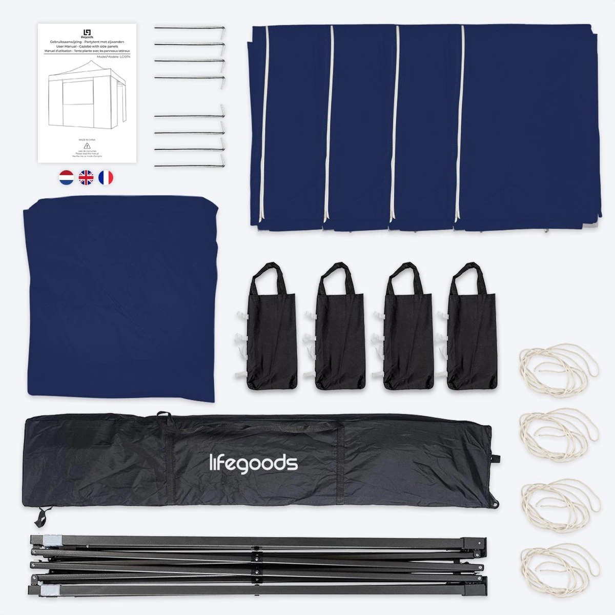 LifeGoods Partytent - 3x3 M - Zijwanden - Easy Up - Opvouwbaar - Waterdicht - Draagtas Met Wieltjes - Donkerblauw - Afbeelding 5