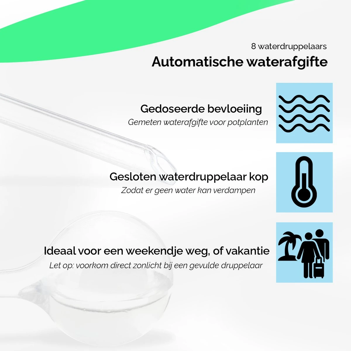 HGMD Waterdruppelaar Set Van 8 Stuks Voor Planten Transparant - Groen - Waterdruppelaar Voor Kamerplanten – Waterbol - Waterdruppelaar Voor Planten - Watergeefsysteem - Afbeelding 3