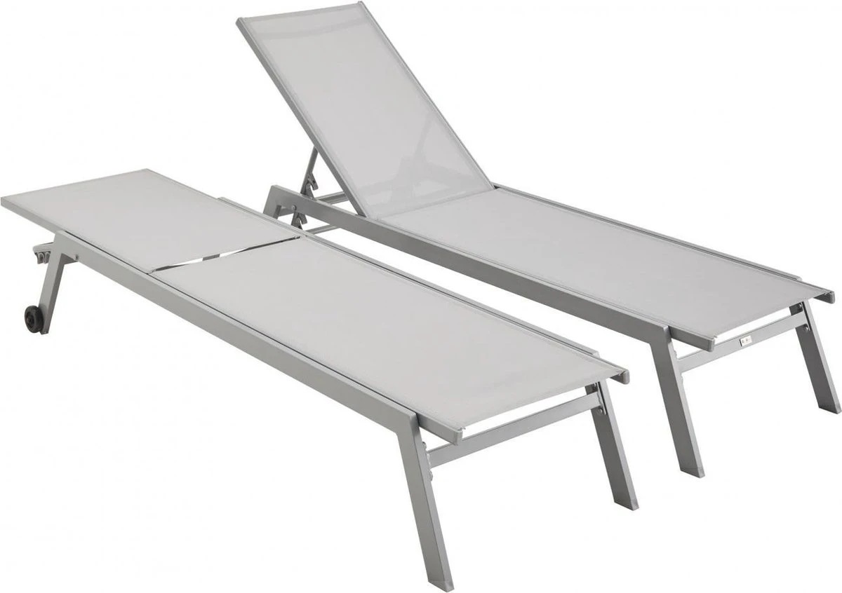 ELSA - Set Van 2 Ligstoelen Van Aluminium En Textileen, Ligbed Multipositioneel Met Wieltjes, Kleur Grijs/lichtgrijs - Afbeelding 5