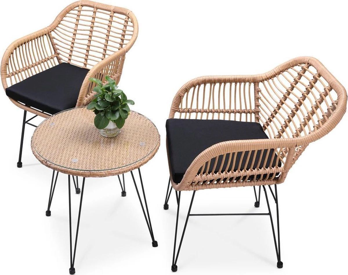 Casaria Tuinset Bali 3 Delig – 1 Tafel/2 Stoelen – Naturel Zwart - Afbeelding 5