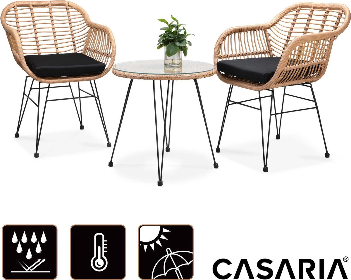 Casaria Tuinset Bali 3 Delig – 1 Tafel/2 Stoelen – Naturel Zwart - Afbeelding 2