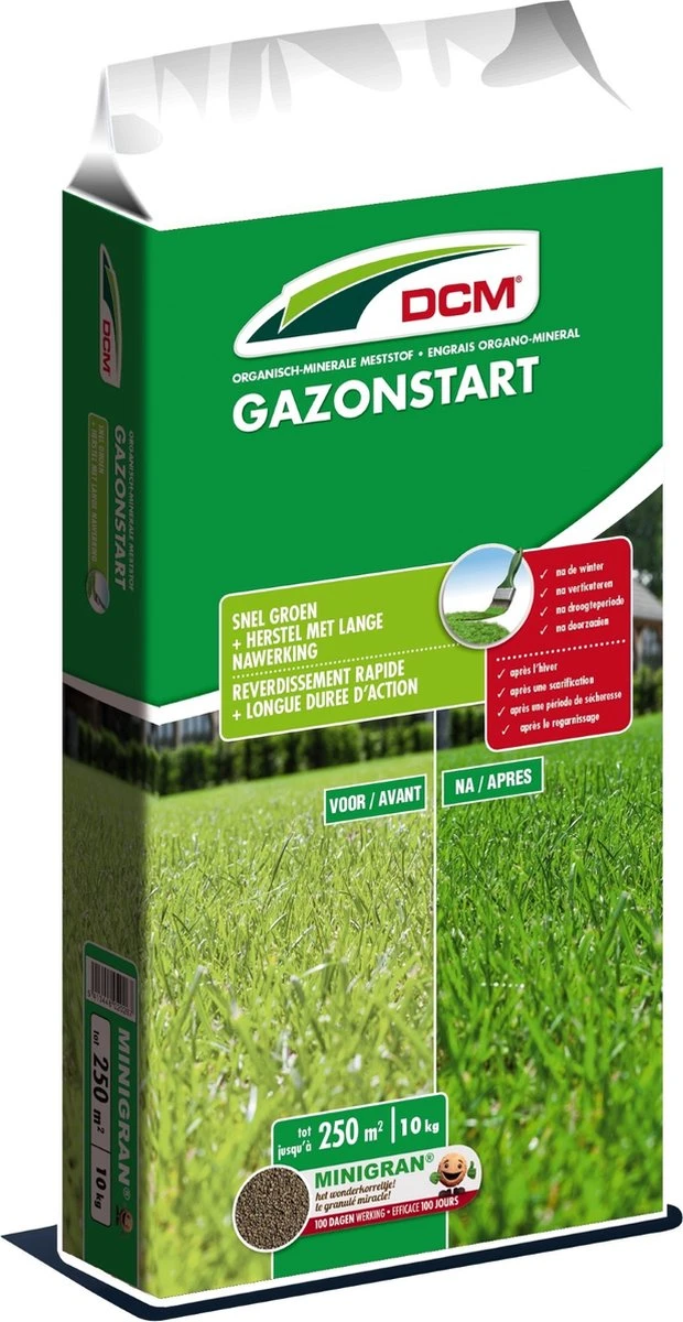 DCM Gazonstart - Gazonmest - Herstelt En Geeft Diepgroene Kleur - Gazonmeststof Met MINIGRAN® Technology - 250m2 - 10 Kg